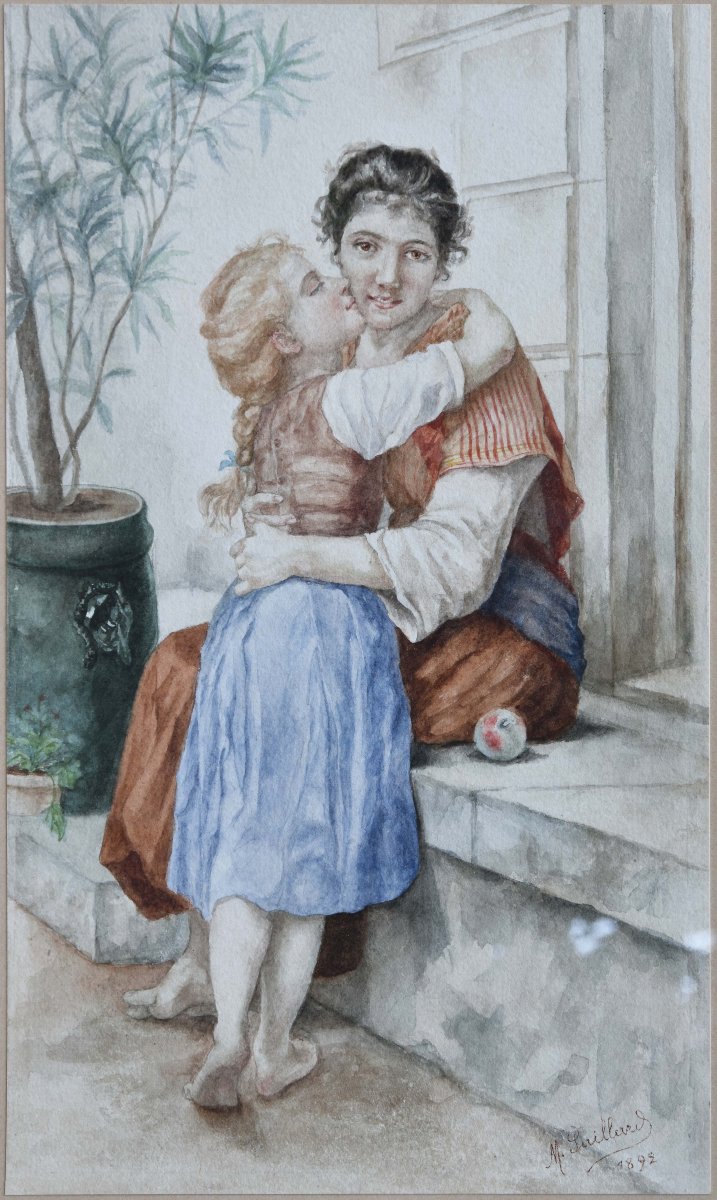 M. Saillard, “mother And Child,” 1892, Watercolor, 29x17.5-photo-2